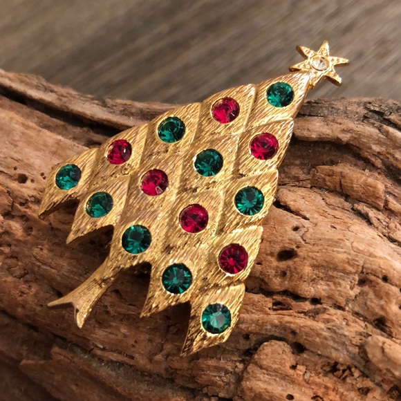 Vtg. LIA Red Green Rhinestone Christmas Tree Pin - Picture 2 of 12